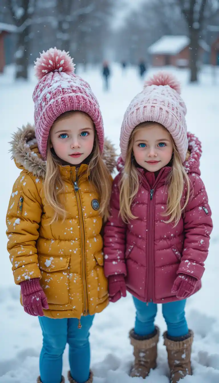 Young girls shivering and turning blue in falling snow