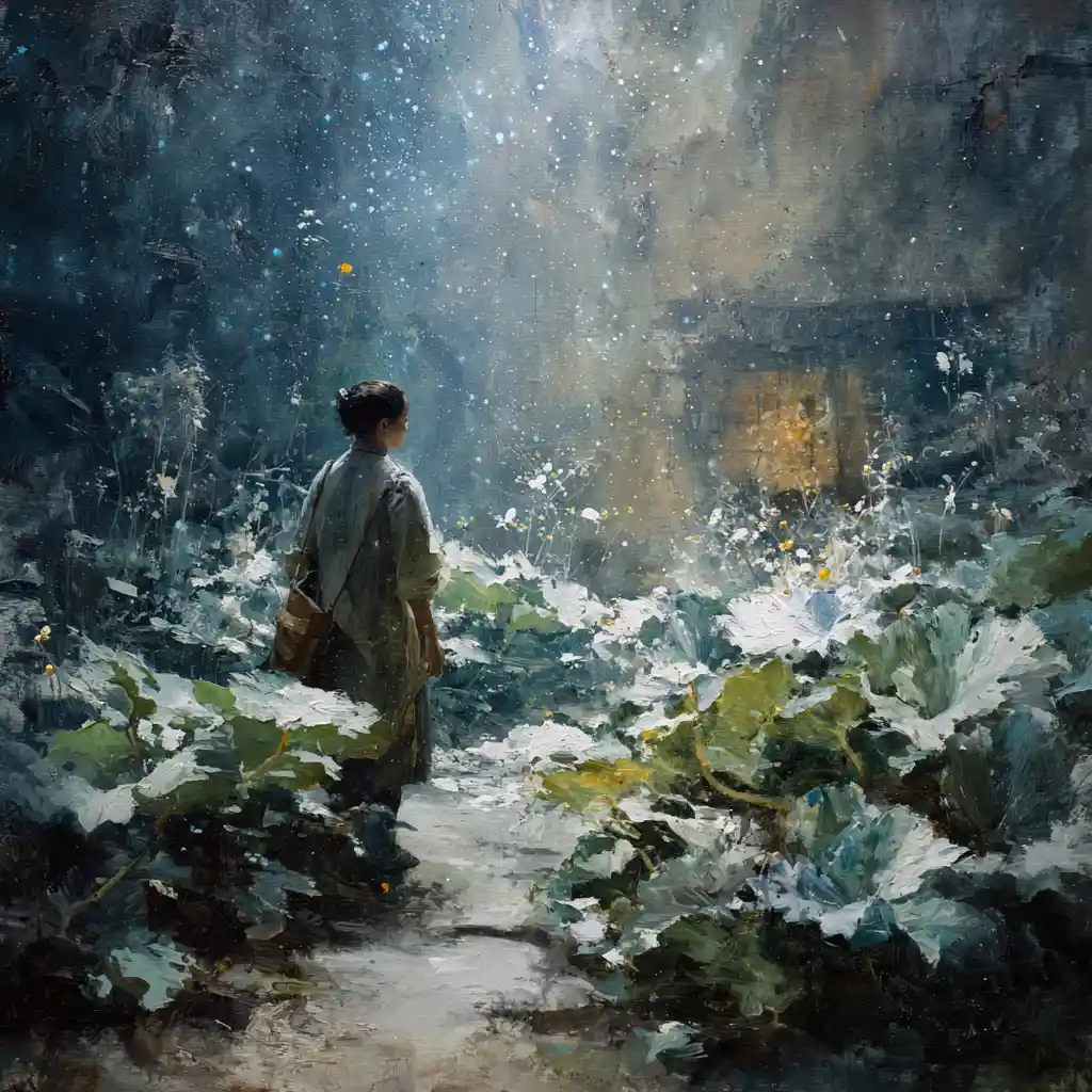 Viaggiatore in un giardino alieno luminoso di stelle cristalline