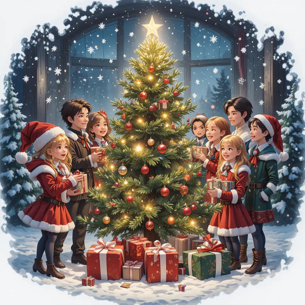 Children sharing gifts around a glowing Christmas tree outdoors