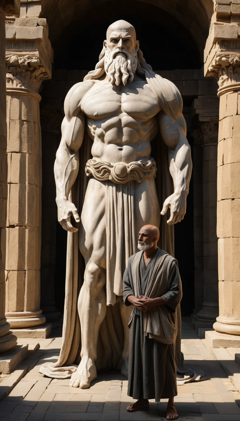 Géante silhouette humanoïde dominant un vieil homme dans un temple