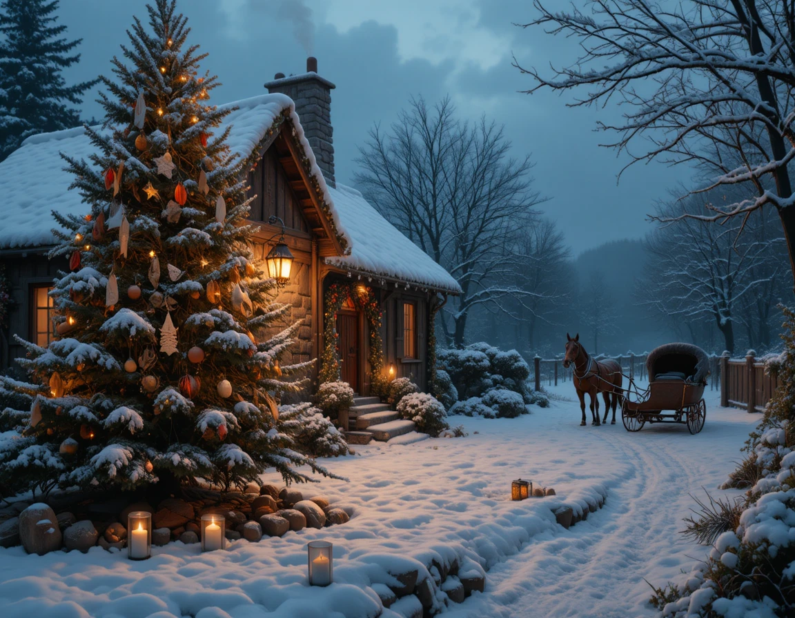 Cabaña nevada y árbol de Navidad clásico al atardecer