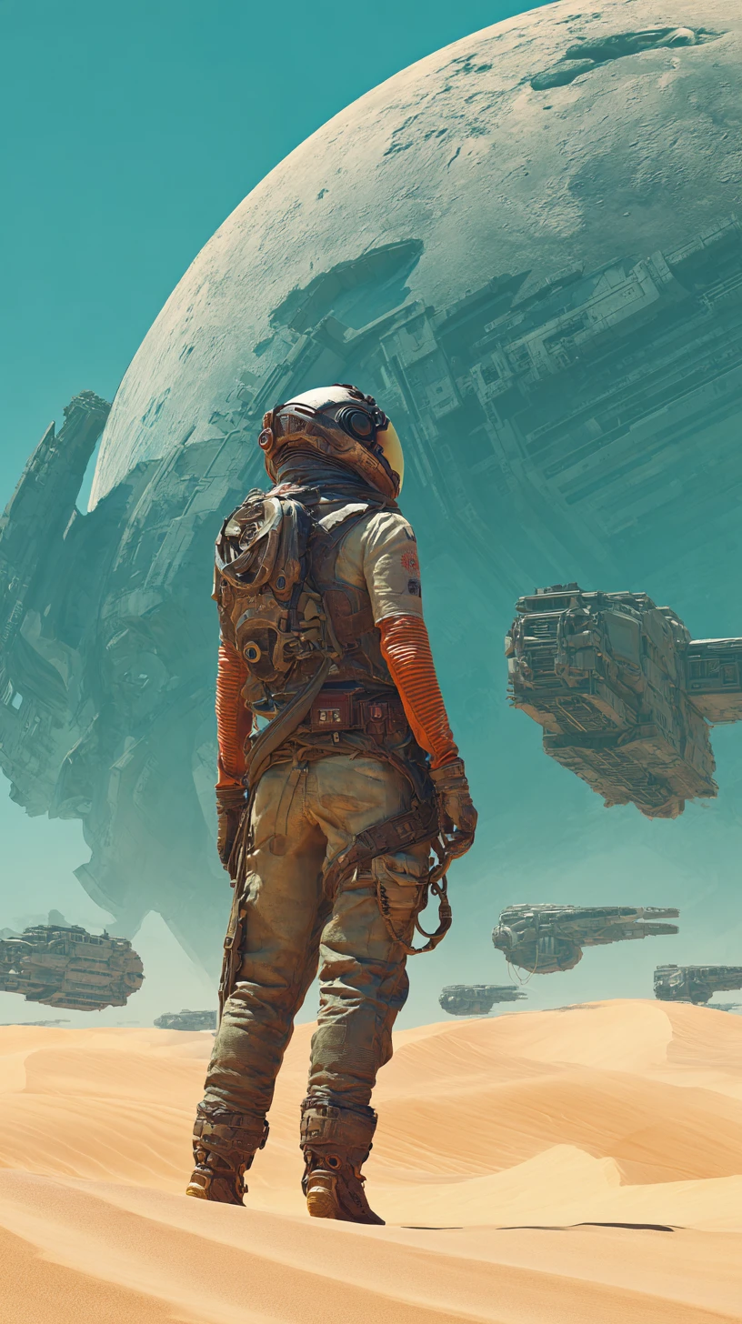 Héroïne de science-fiction en combinaison désertique sous une lune alien brisée