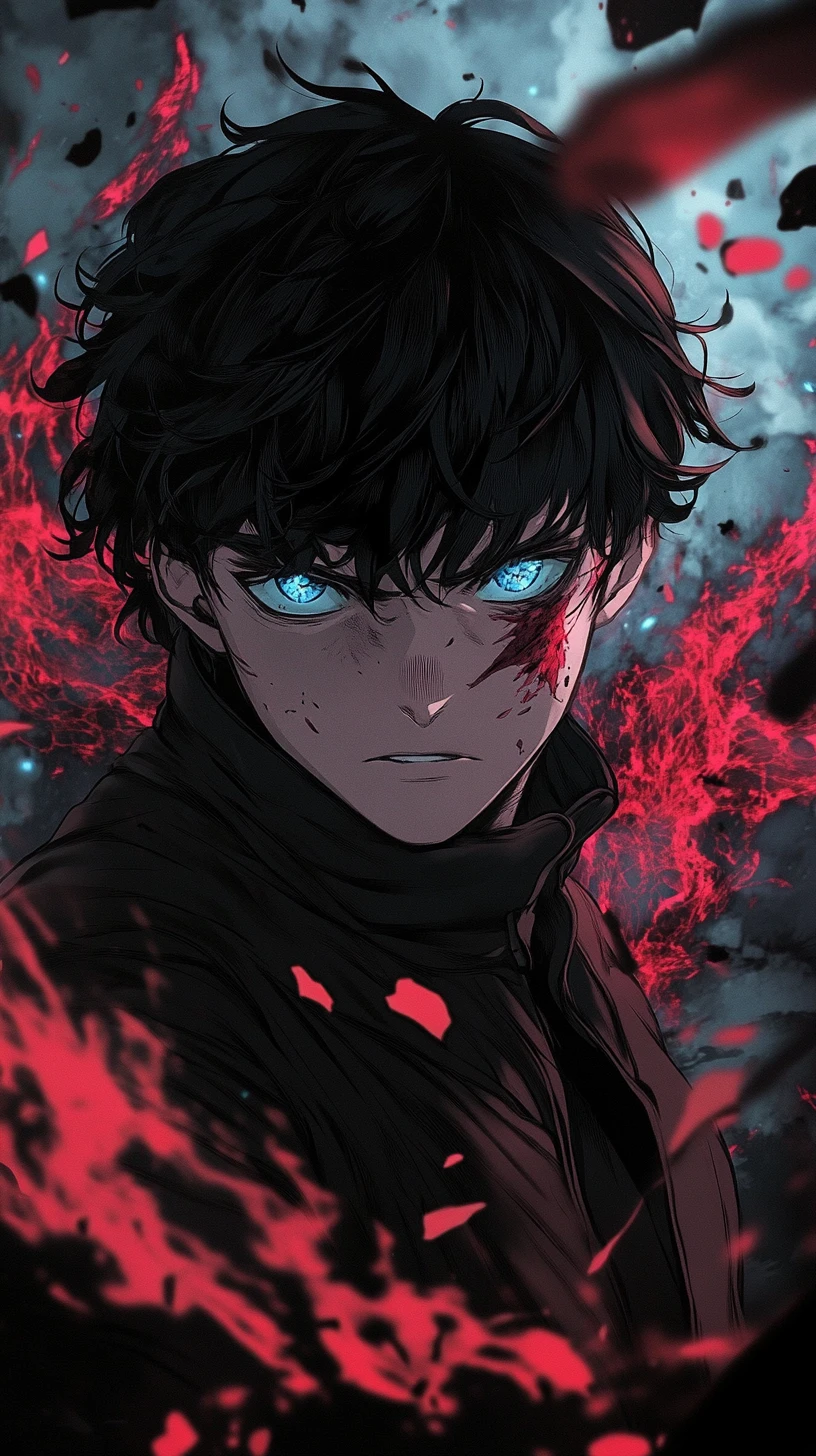 Herói de anime com energia carmesim e olhar azul intenso