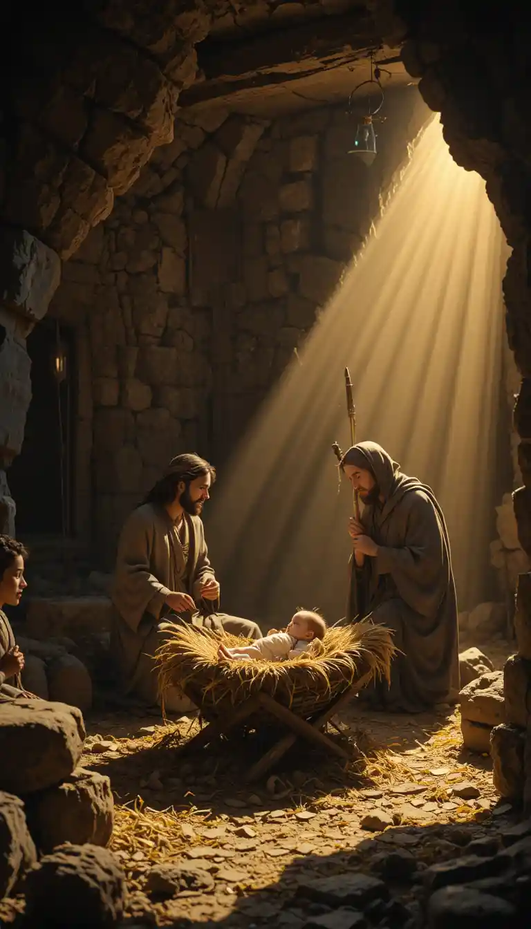Bebé en un pesebre dentro de un humilde establo de piedra
