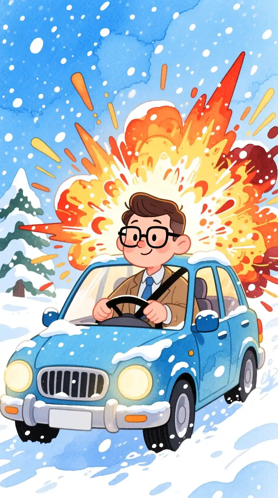 Cartoon man driving through snow with fiery explosions