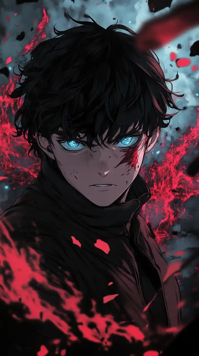 Anime hero with crimson energy and intense blue gaze
