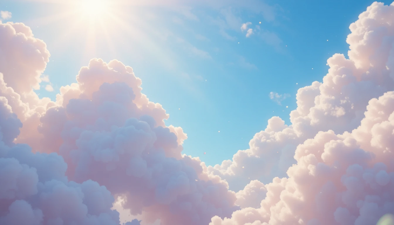 Céu azul suave com nuvens brancas fofas e luz do sol quente
