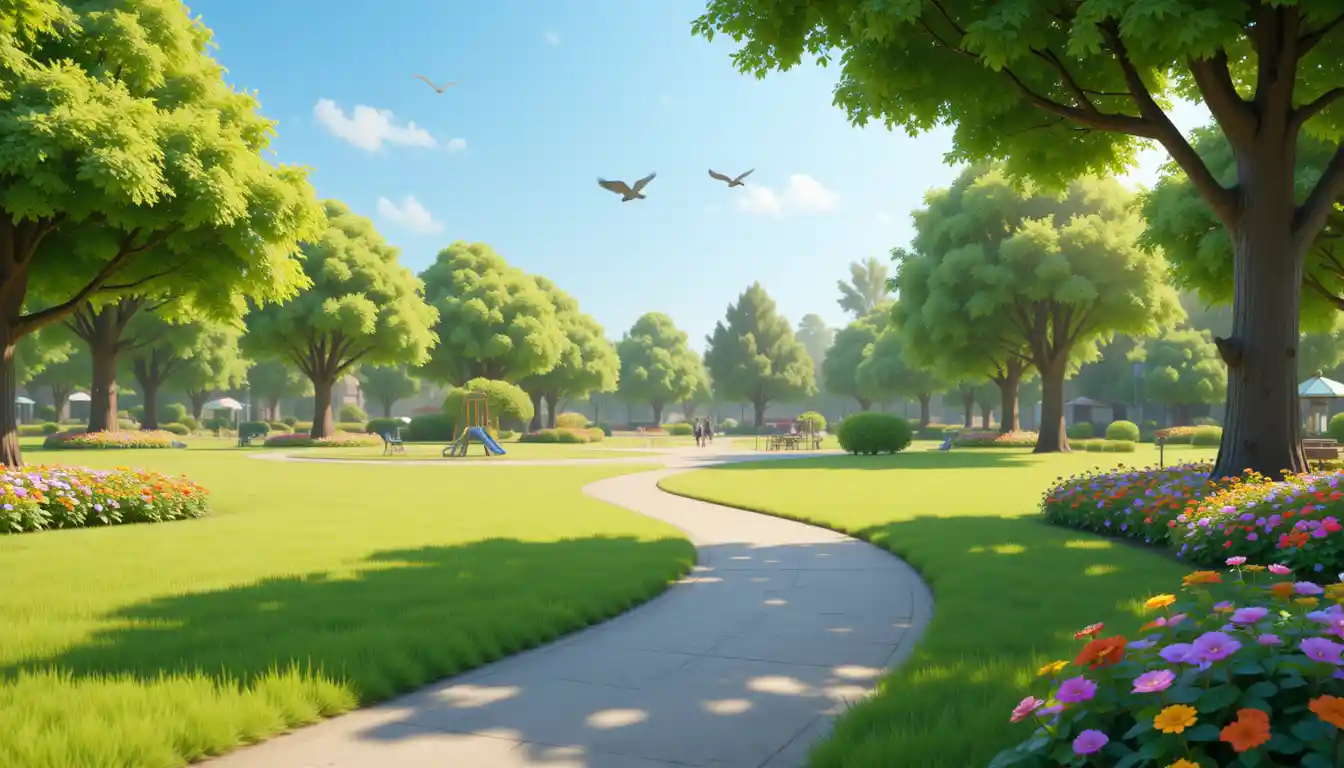 Colorful public park with playground in soft daylight