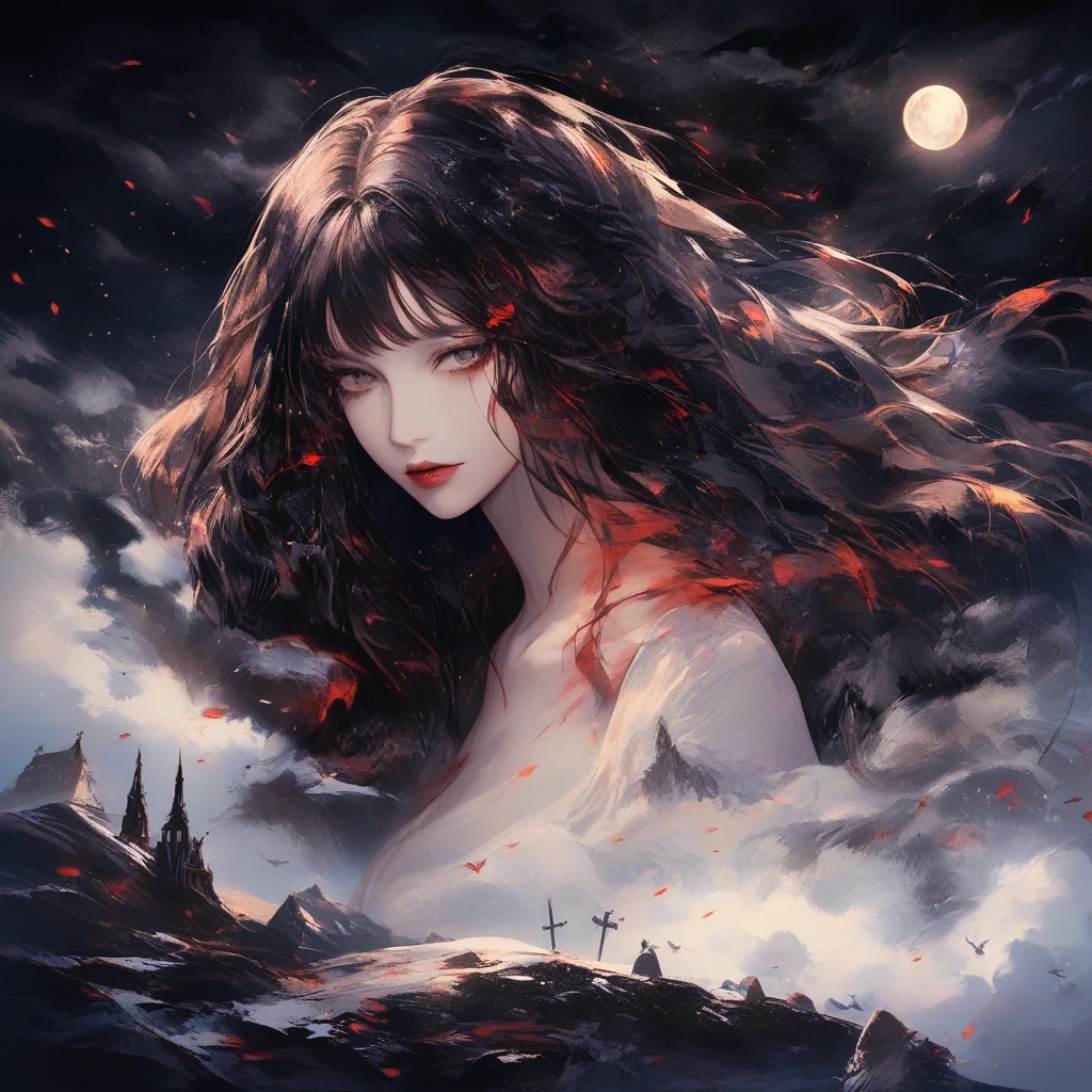 Vampire girl with raven in a snowy moonlit cemetery