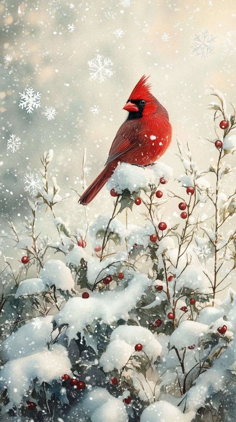 Cardeal vermelho em um visco na floresta de inverno nevada