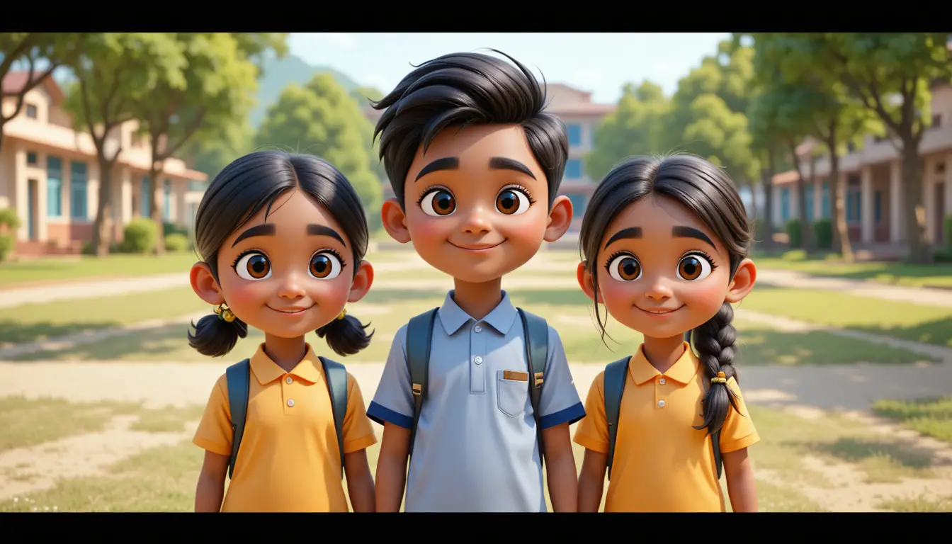Trois enfants indiens souriants dans une cour d’école ensoleillée