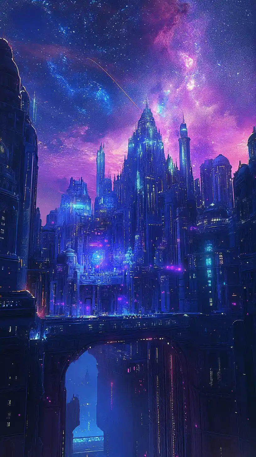 Palacio de neón surreal que se fusiona con una ciudad futurista