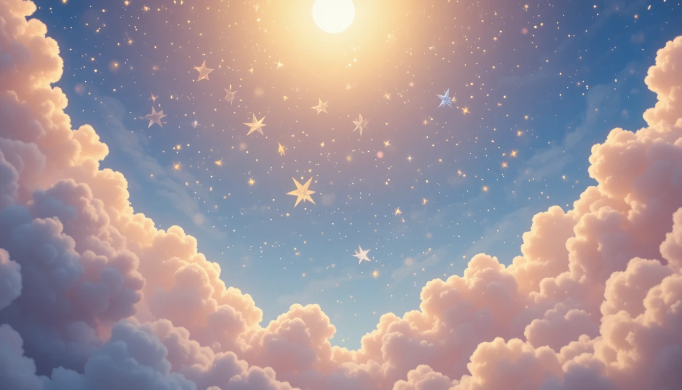 Ciel pastel de rêve avec nuages lumineux et rayons de soleil
