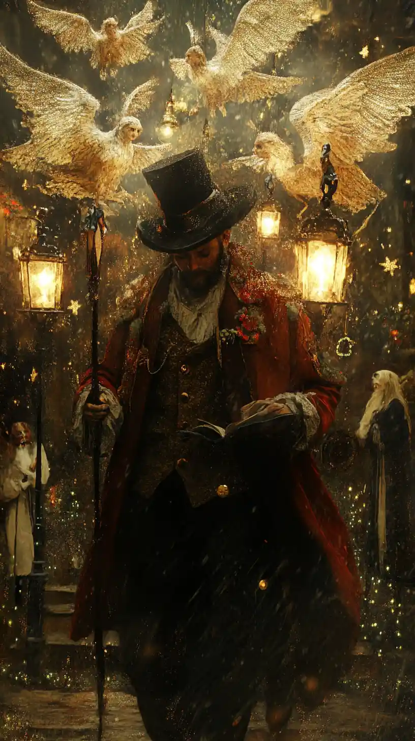 Cheerful caroler surrounded by haunting christmas angels
