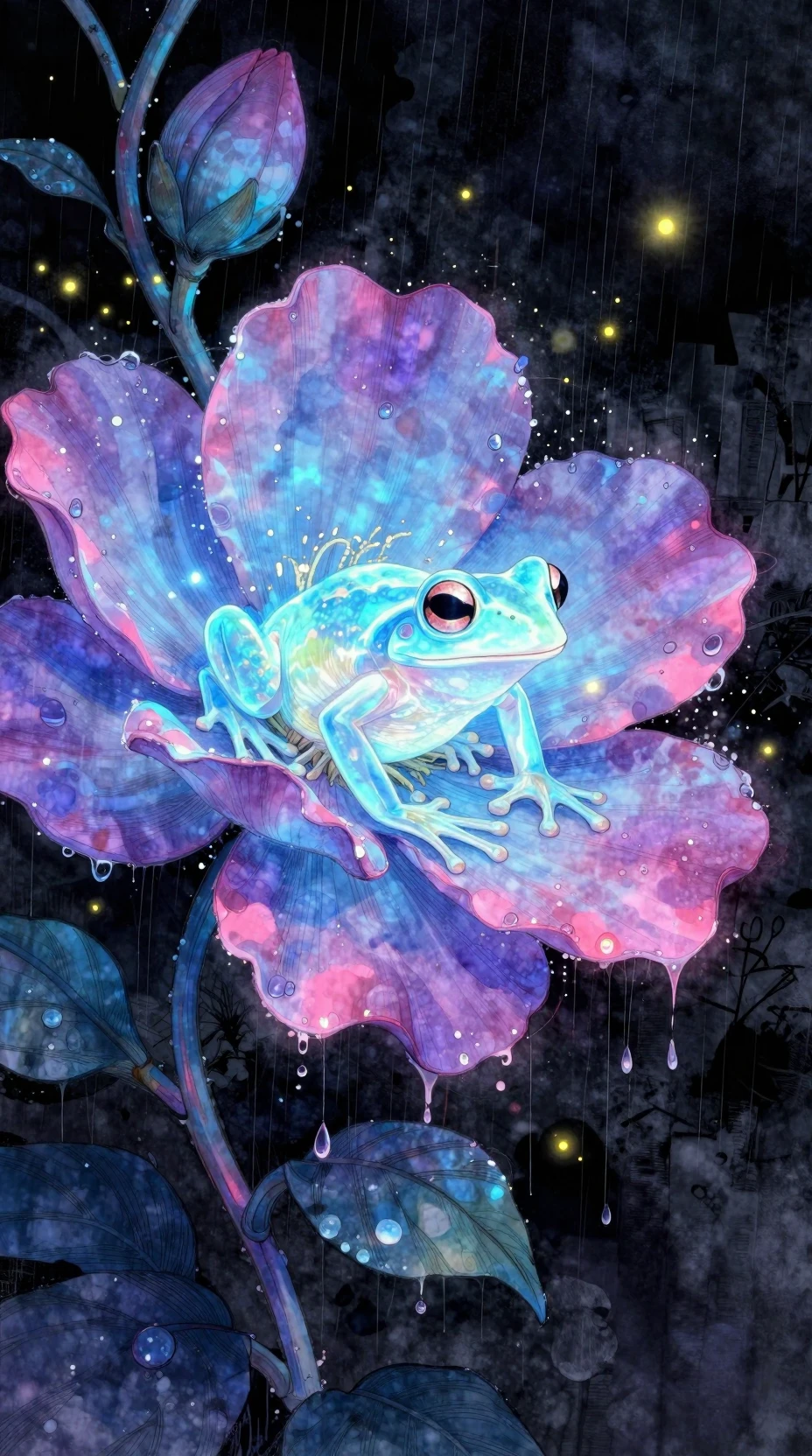 Sapos Bioluminescentes Aninhados em Flores Noturnas Brilhantes