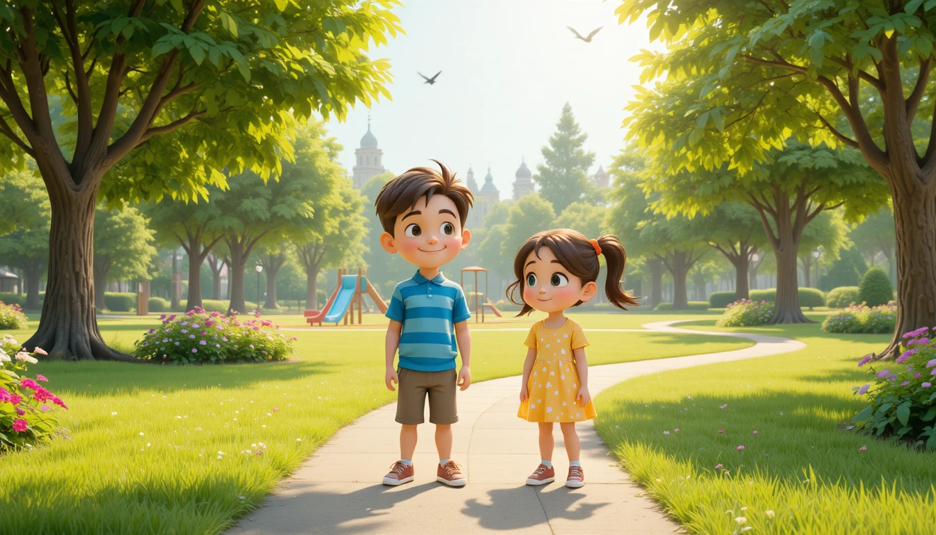 Due bambini in piedi insieme in un parco soleggiato con area giochi