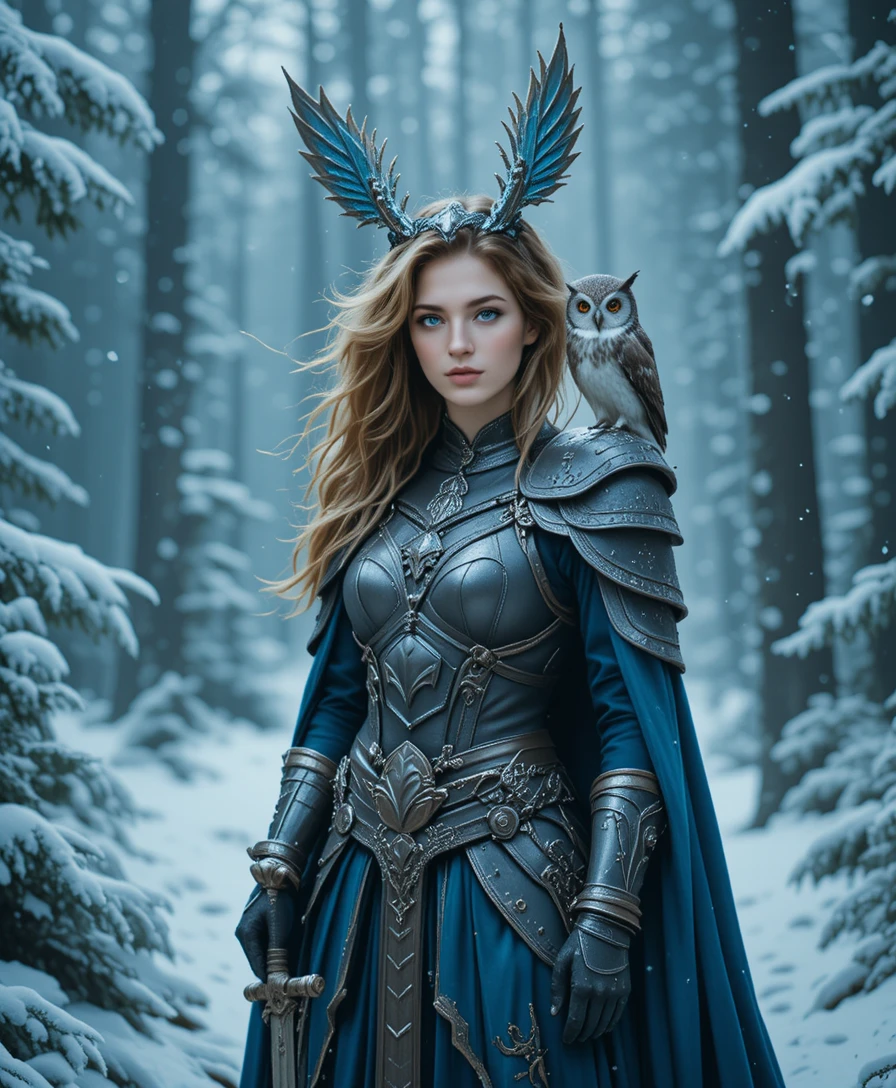 Regina guerriera fantasy in una foresta innevata popolata da gufi