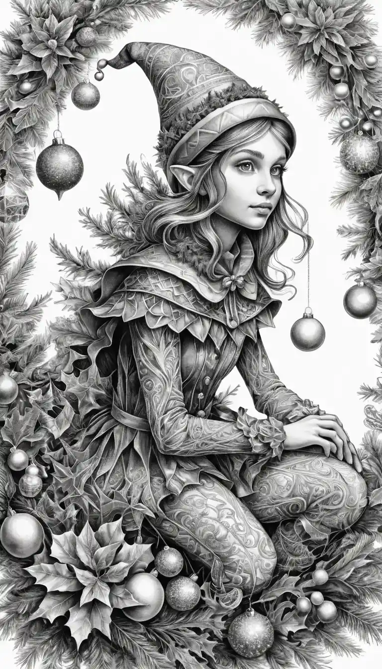 Intricate Black And White Ink Drawing Of A Christmas Elf