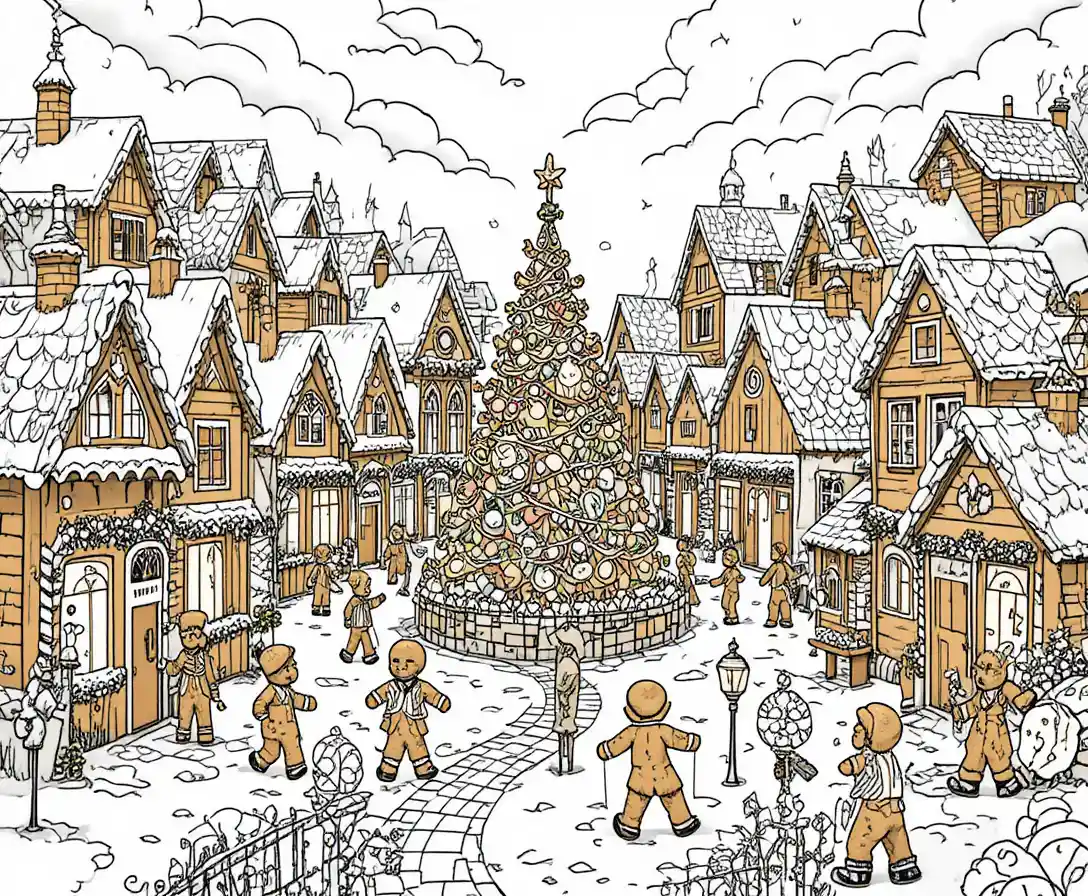 Lebkuchenmenschen feiern in einer fantasievollen Weihnachtsstadt