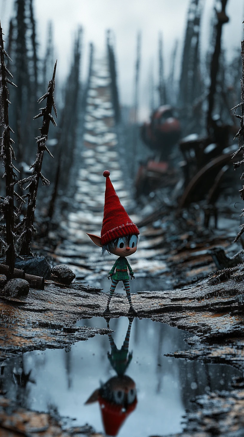 Lutin de Noël torturé au bord d’un pôle Nord en ruines