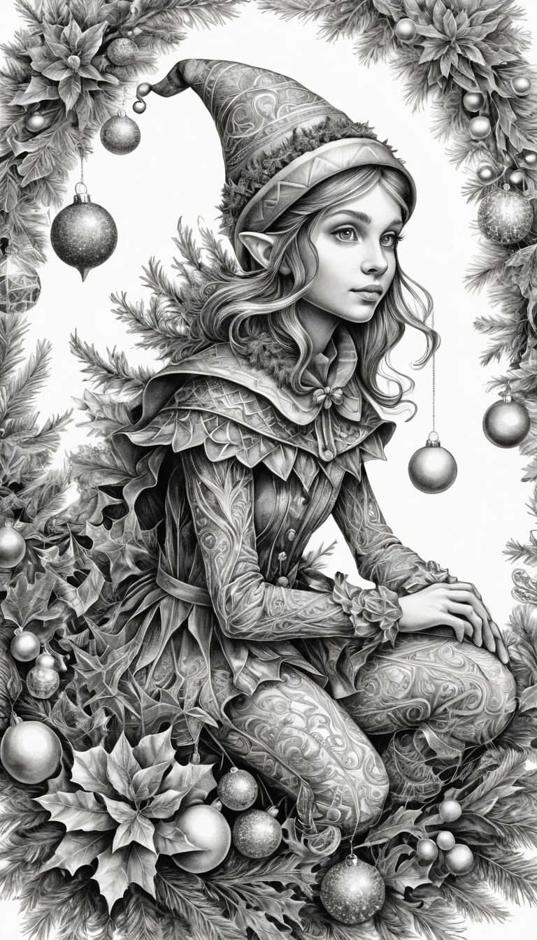 Intricate Black And White Ink Drawing Of A Christmas Elf