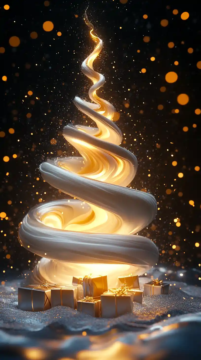 Albero di Natale astratto luminoso con regali nell’oscurità