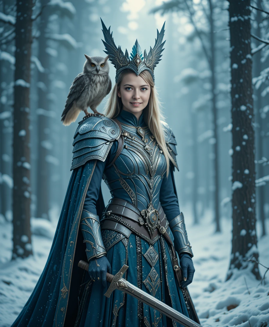 Fantasy-Kriegerkönigin in Rüstung in einem verschneiten Wald