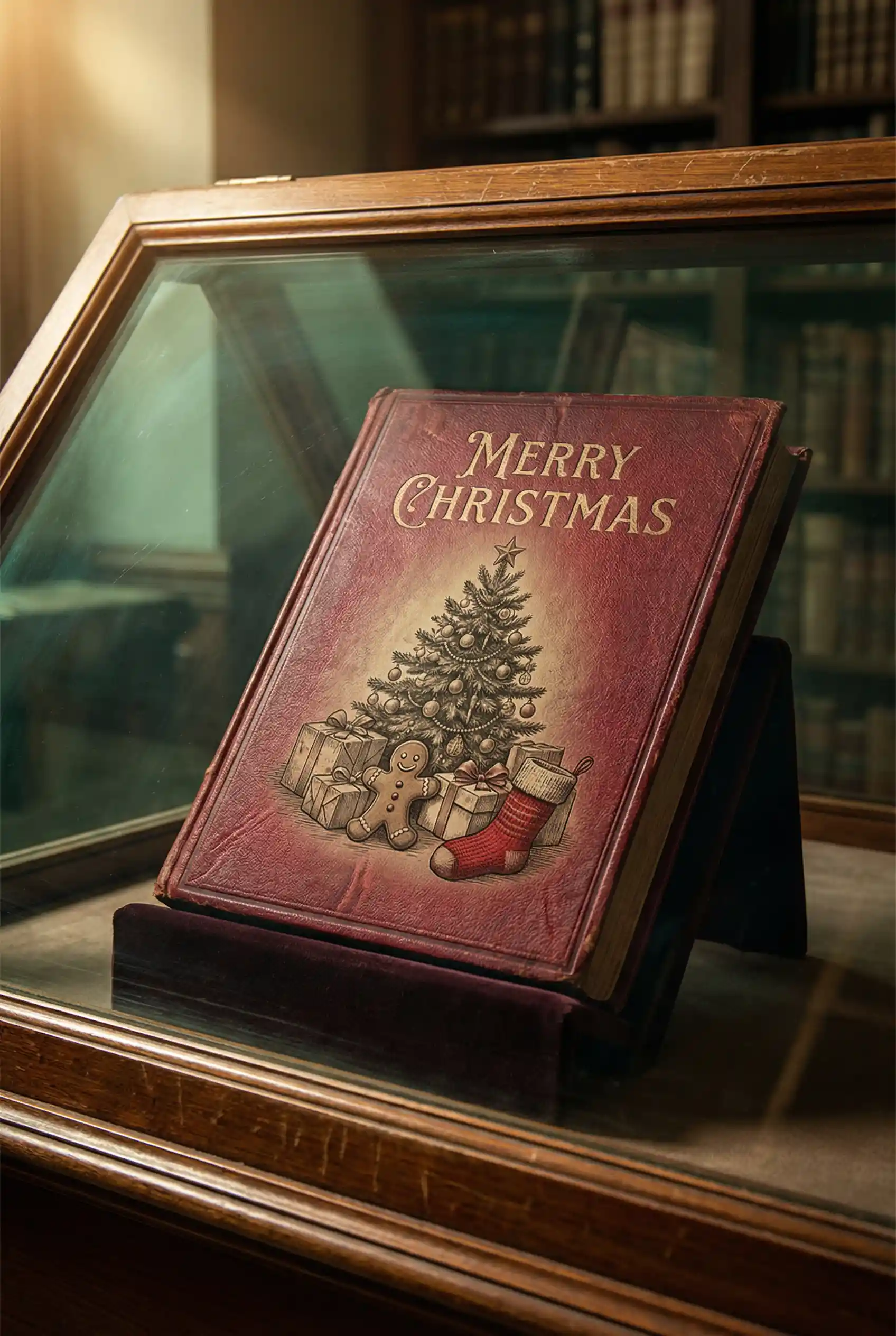 Livro de Natal antigo em uma vitrine de madeira com vidro
