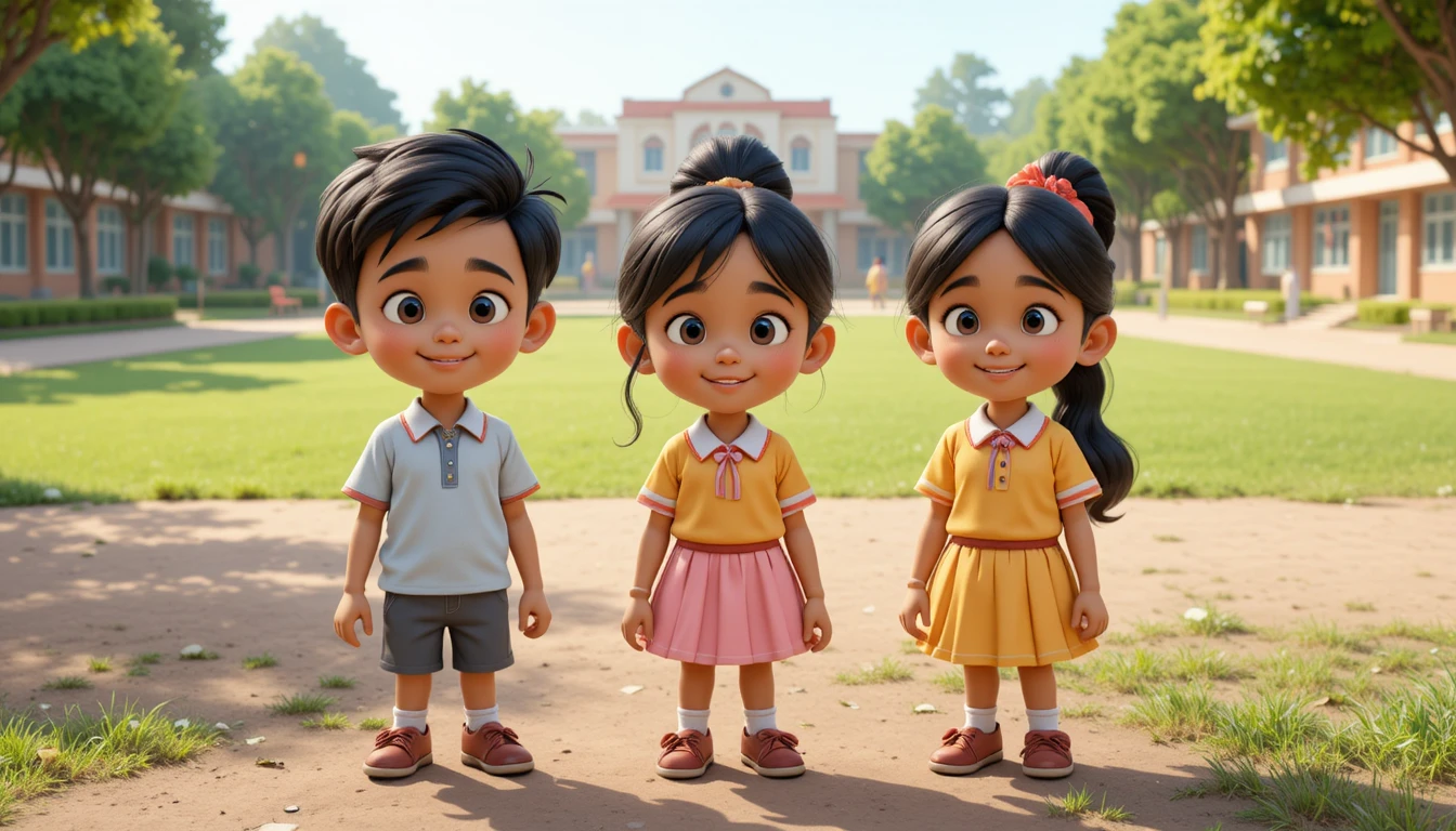 Trois enfants indiens en cartoon 3D dans une cour d’école