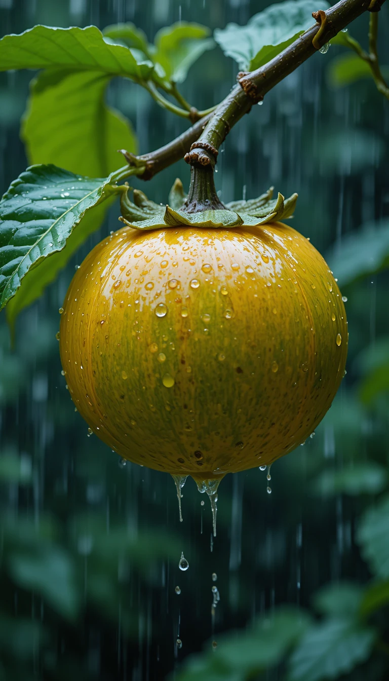 Close up persimmon in rain on a dark forest branch