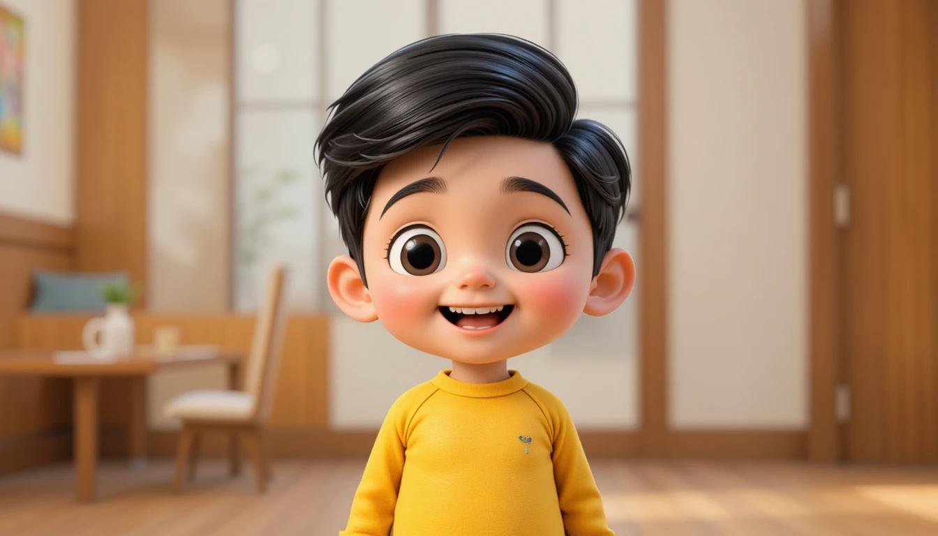 Lächelnder 3D-Cartoon-Junge in gelbem Oberteil und blauer Shorts