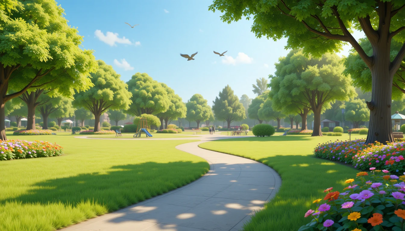 Parco pubblico colorato con area giochi alla luce soffusa del giorno