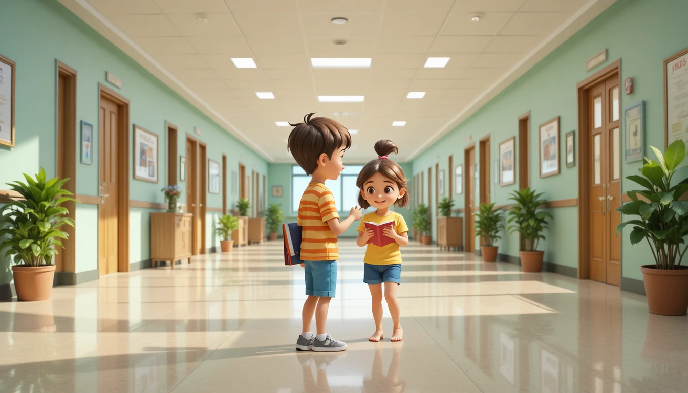 Niños se encuentran en un luminoso pasillo escolar 3D