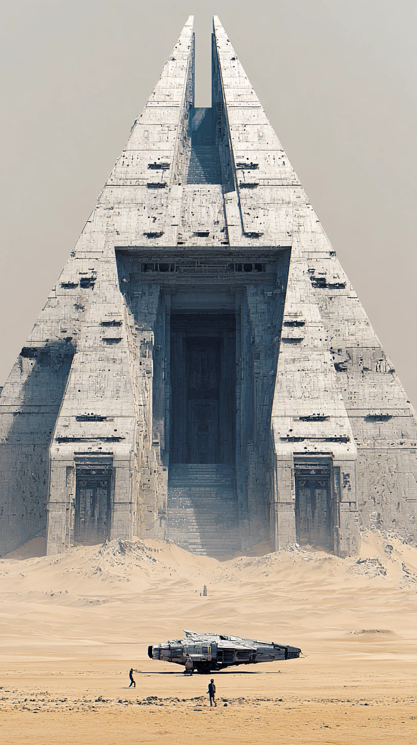Portal colossal em pirâmide no deserto diante de uma pequena nave espacial