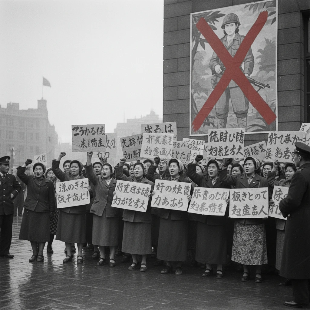 Japanese women protesters in a Tokyo city square rallying with signs