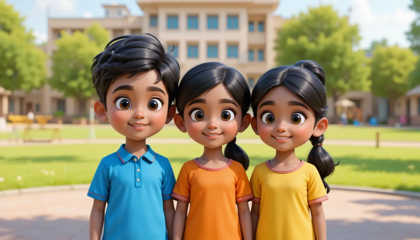 Trois enfants indiens 3D debout ensemble dans la cour de l’école
