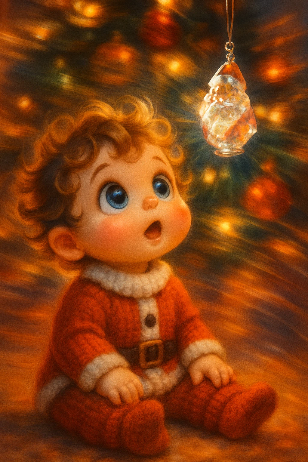 Bebê menino fofo de roupa de Papai Noel embaixo da árvore de Natal