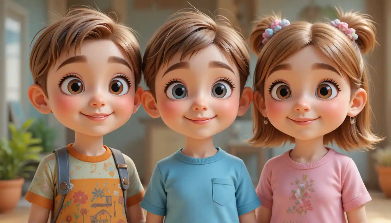 パステルカラーで一緒に笑うかわいい3Dカートン風の子どもたち3人