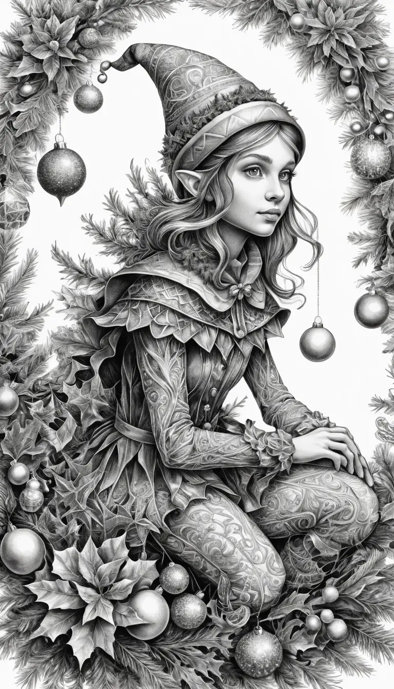 Dettagliato Disegno a Inchiostro in Bianco e Nero di un Elfo di Natale