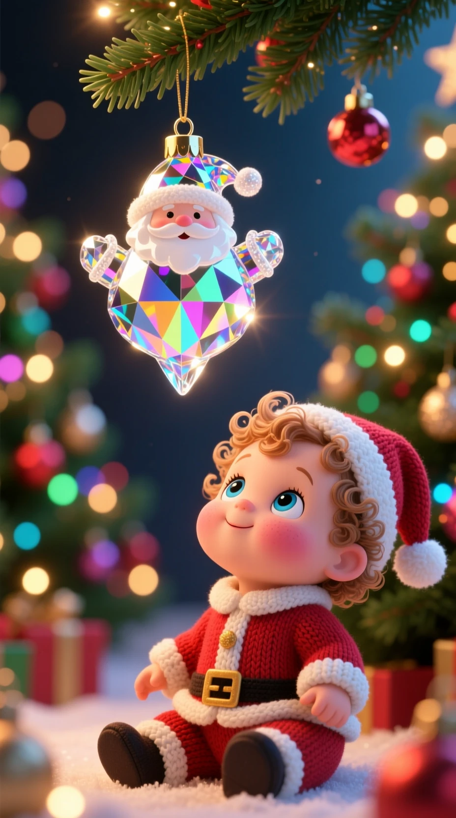 Bebê fofo de Papai Noel sob árvore de Natal brilhante