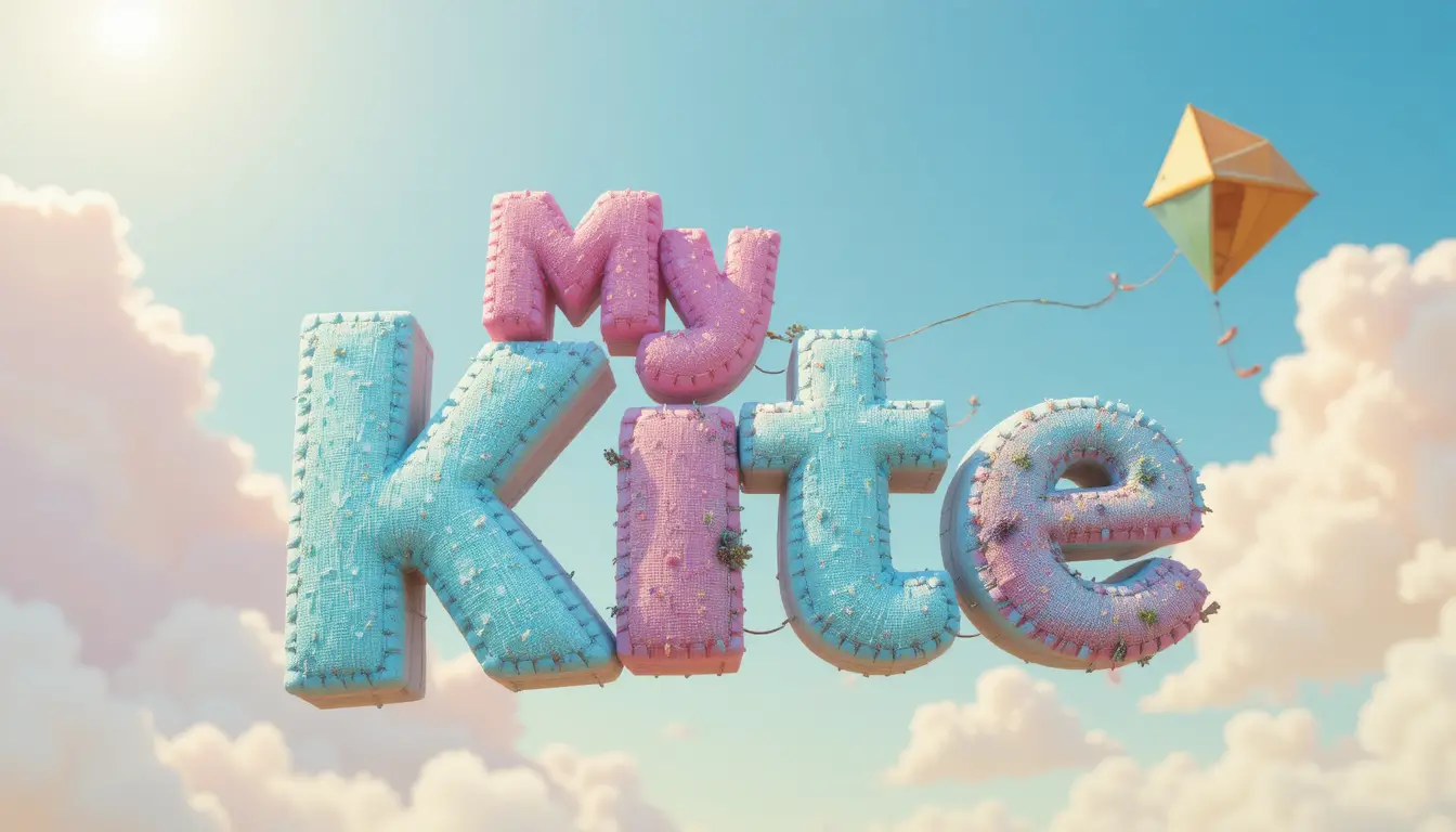Floating 3D kite title text in a bright sky