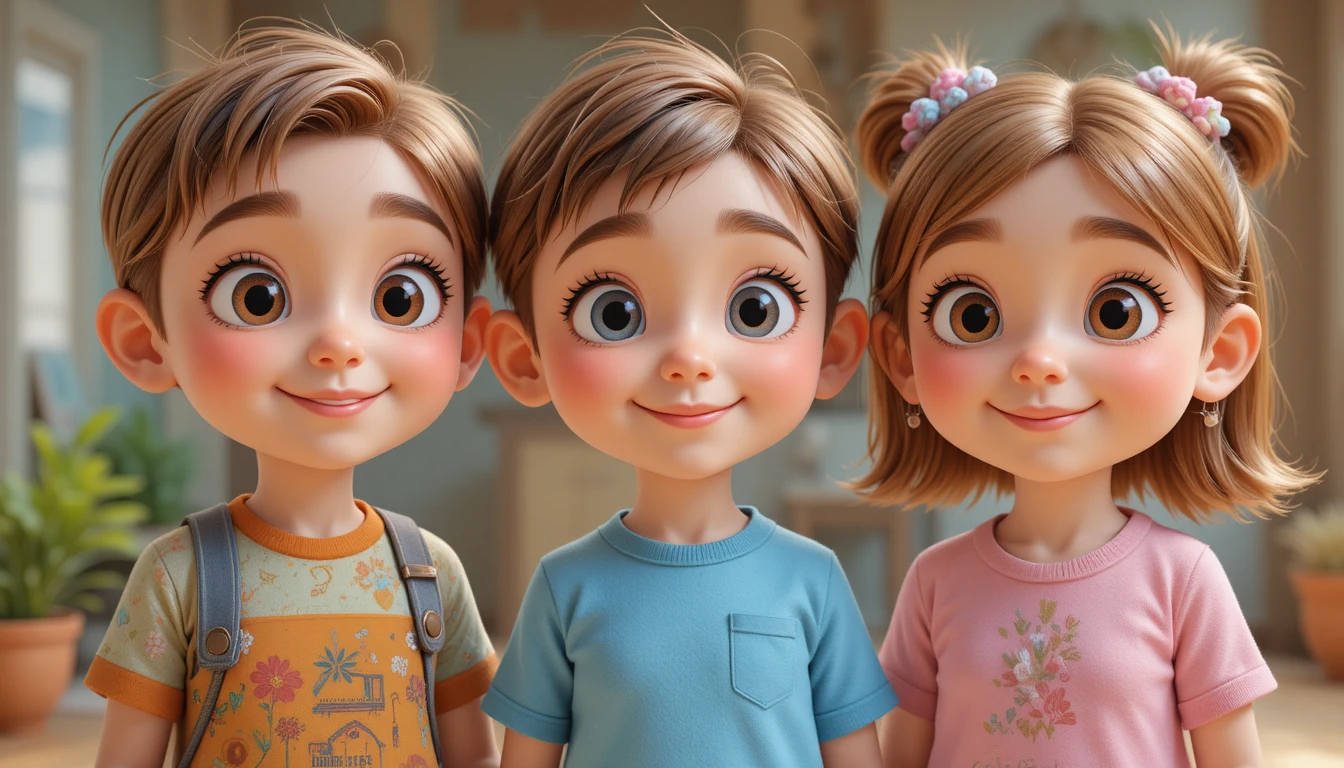 Trois adorables enfants 3D façon dessin animé souriant ensemble dans des tons pastels