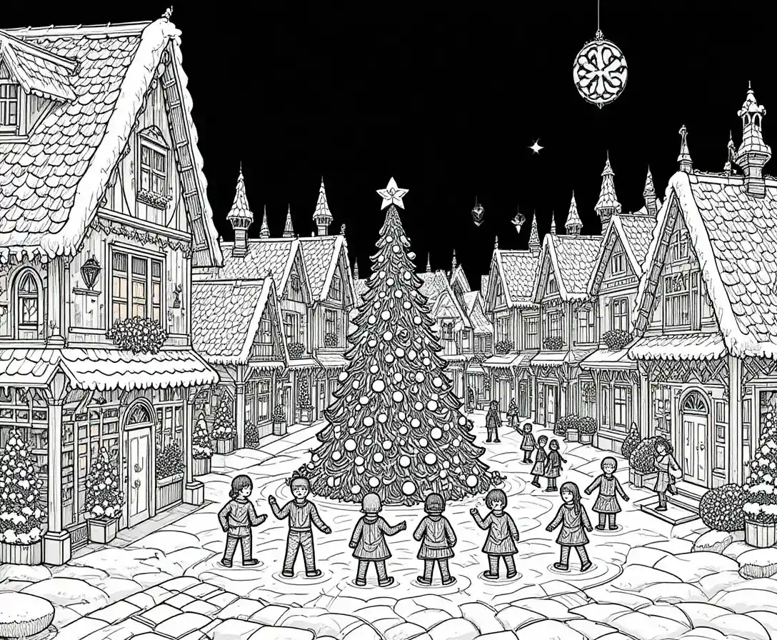 Lebkuchenmenschen feiern in einer verspielten Weihnachtsstadt