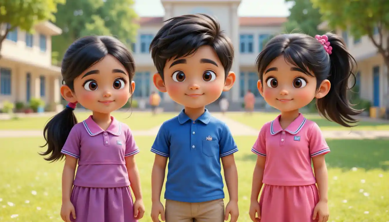 Trois enfants indiens 3D souriant ensemble dans une cour d’école