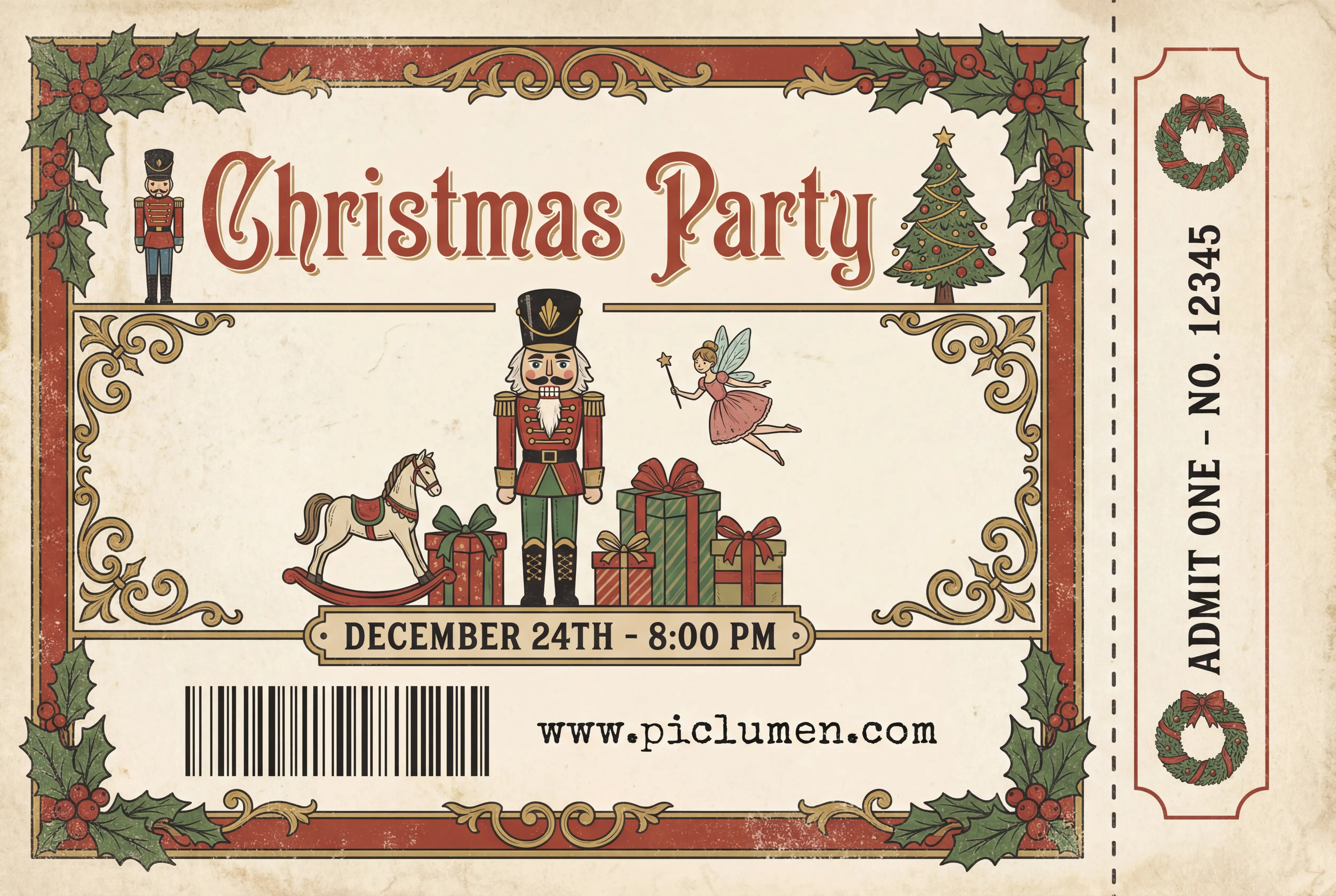 Retro Christmas Party Ticket With Nutcracker Illustration