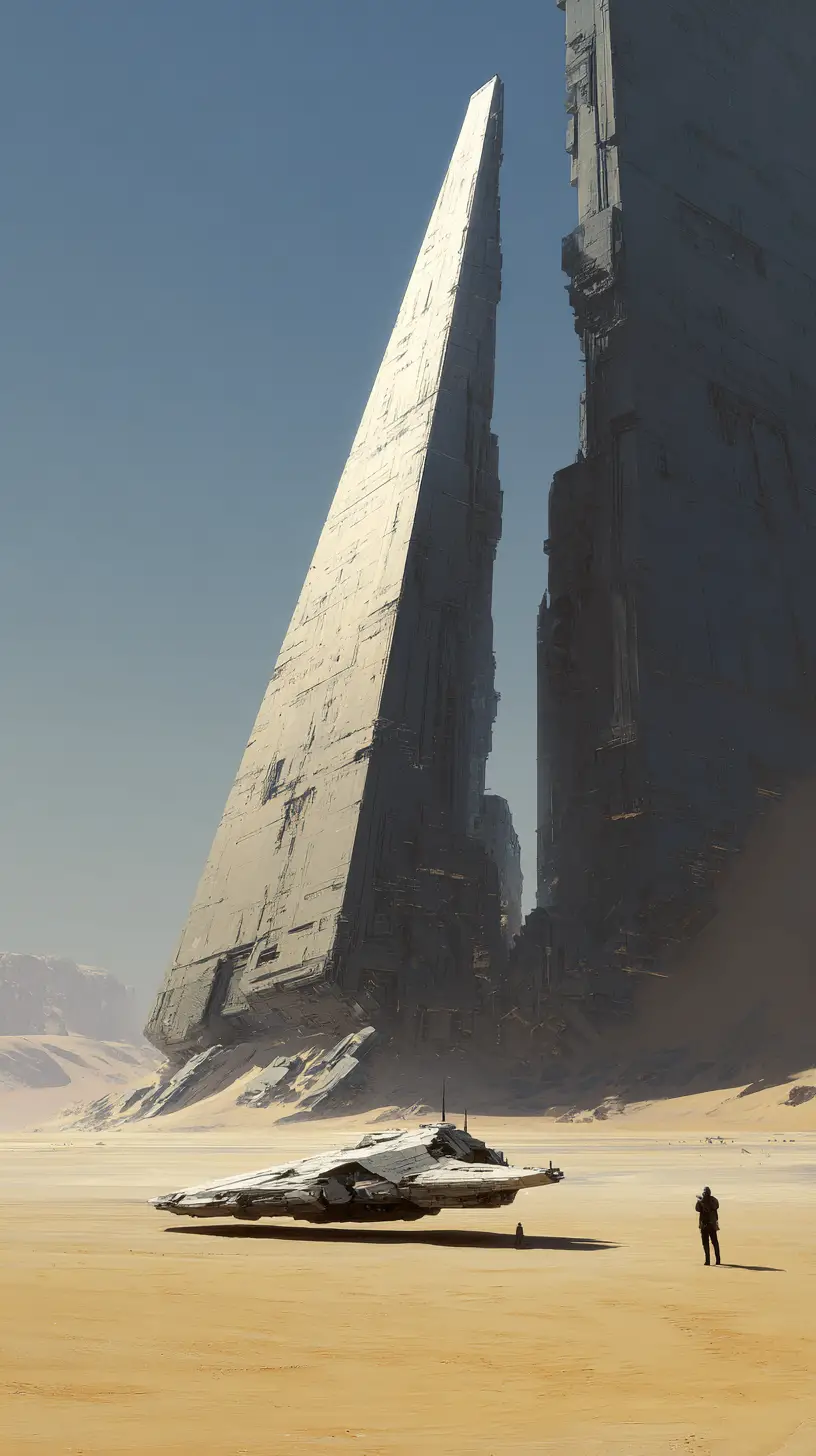 Brutalist stone pyramid towering over a vast desert landscape