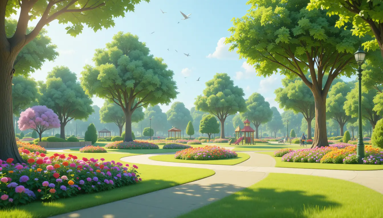 Colorful public park with playground under soft daylight