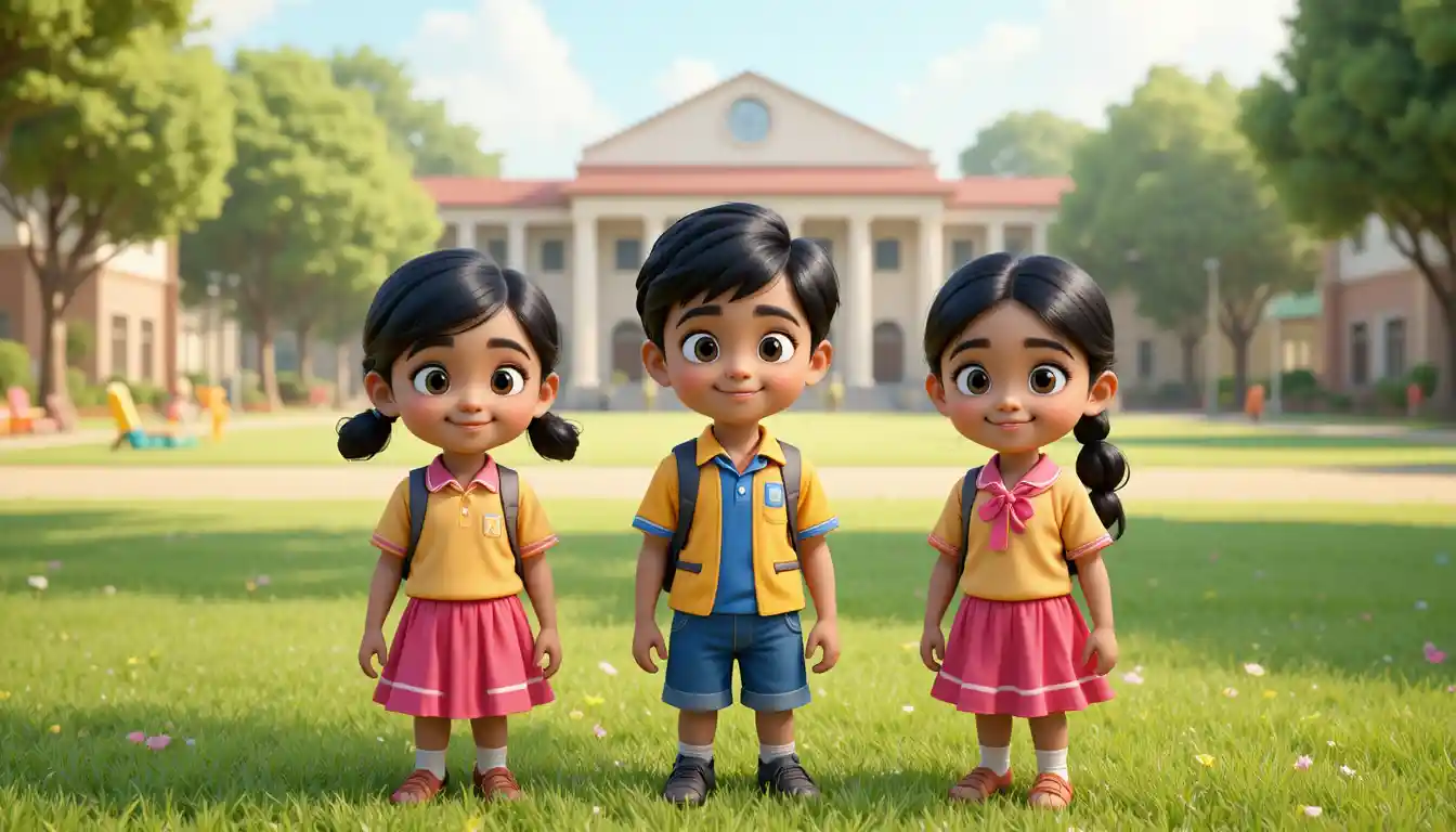 晴れた校庭にいる3人の3Dインド人の子どもたち