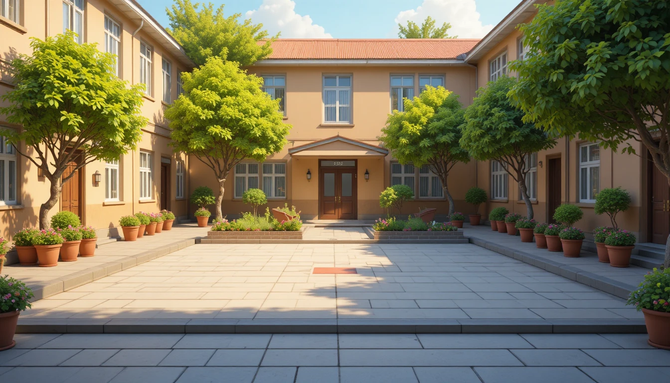 Cozy 3D cartoon school courtyard with plants and trees