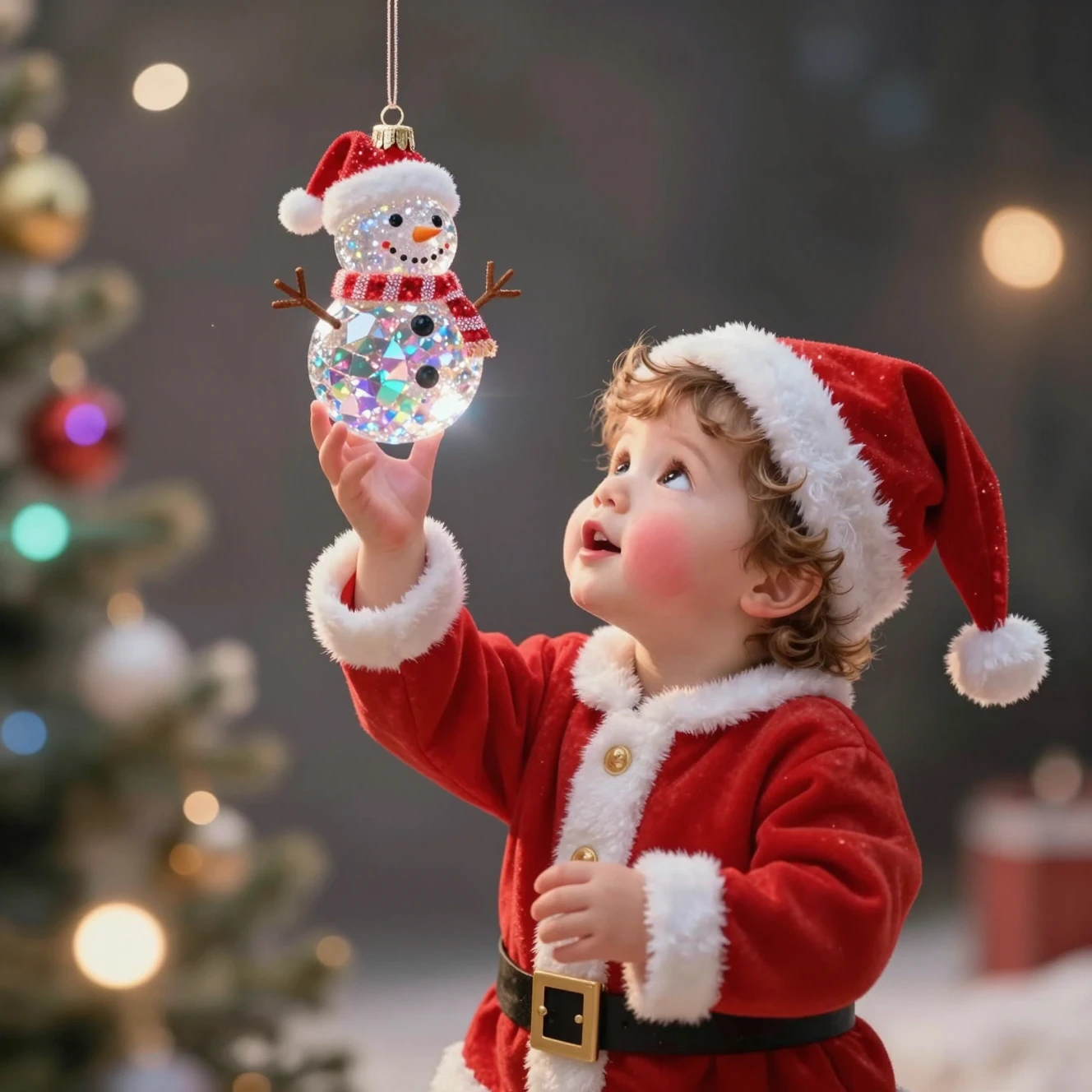 Adorável bebê menino de roupa de Papai Noel encarando boneco de neve de cristal